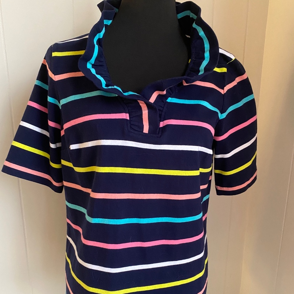 Crown & Ivy Women’s Navy with Stripes and Ruffle around neck | Size L